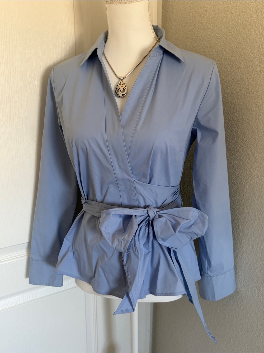 Ann Taylor Light Blue Button-Down Wrap Blouse with Waist Tie